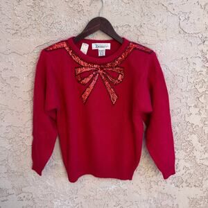 NWT Vintage JCPenney Red Sweater Angora Lambswool Sequin Bow 80s Size XS